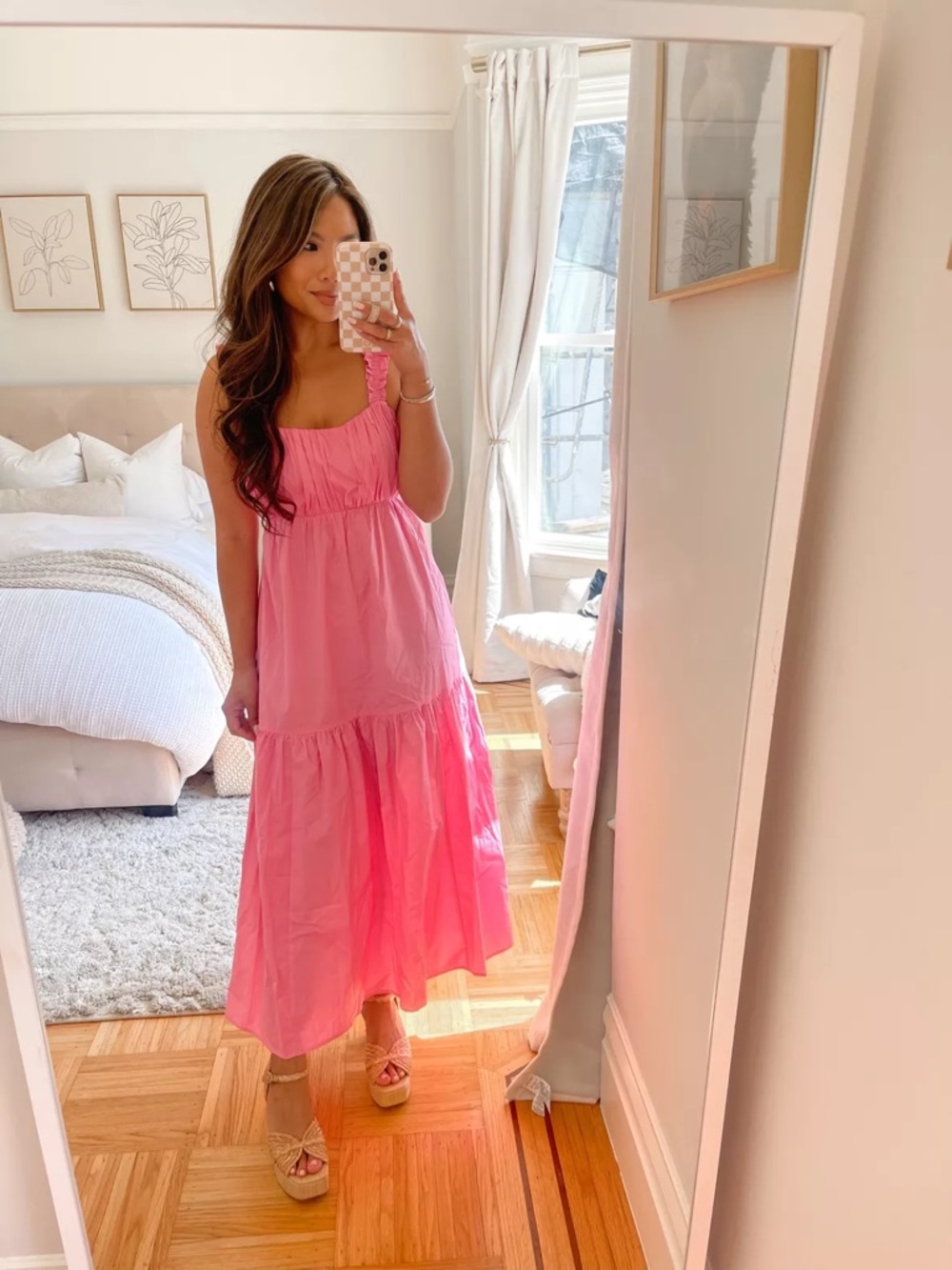 Abercrombie & Fitch Pink Tiered Maxi Dress Ruffled Straps Tie Back - Extra Small